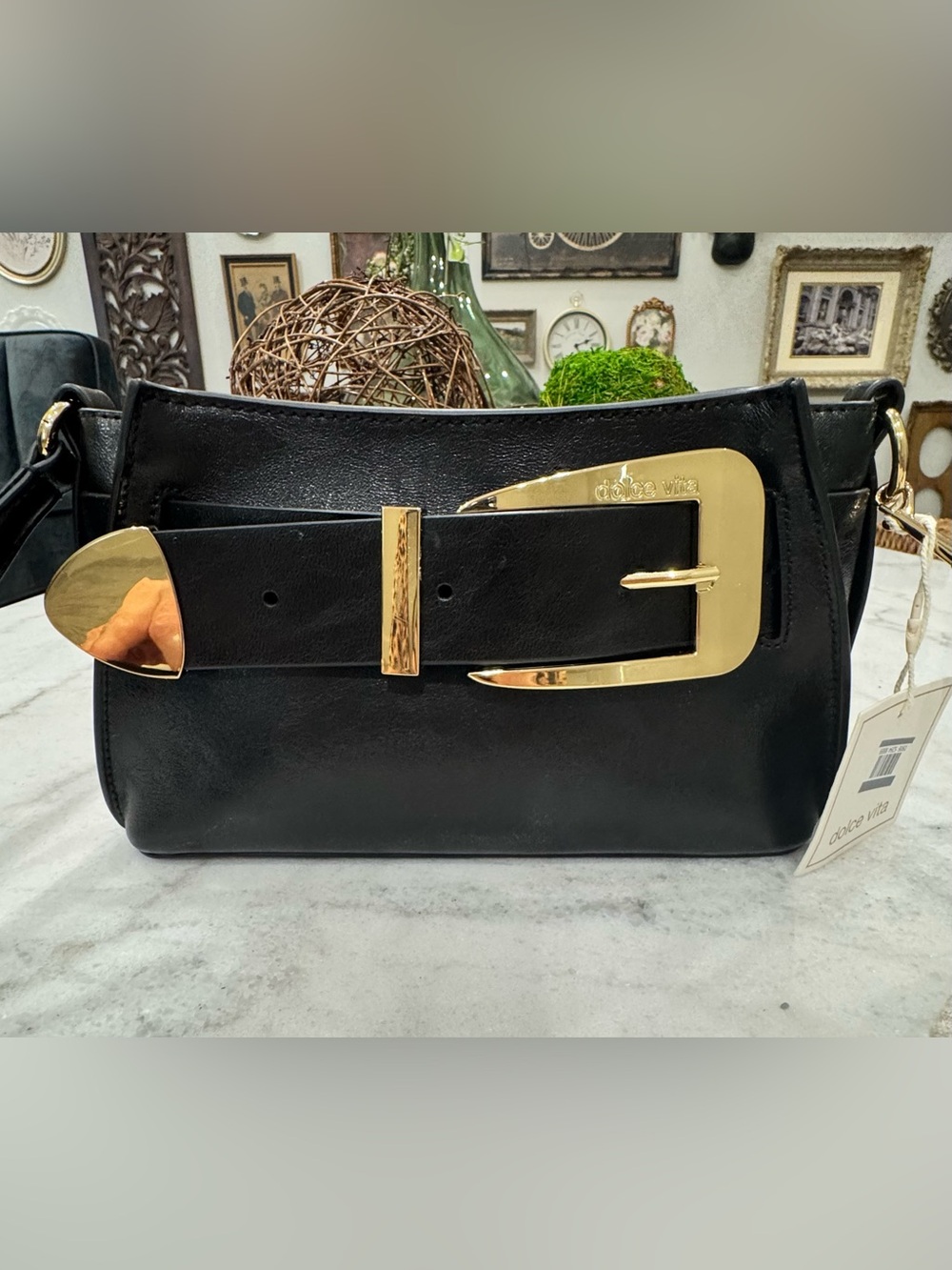 Dolce Vita Wendy Black Leather Shoulder and Crossbody with Gold Buckle Design